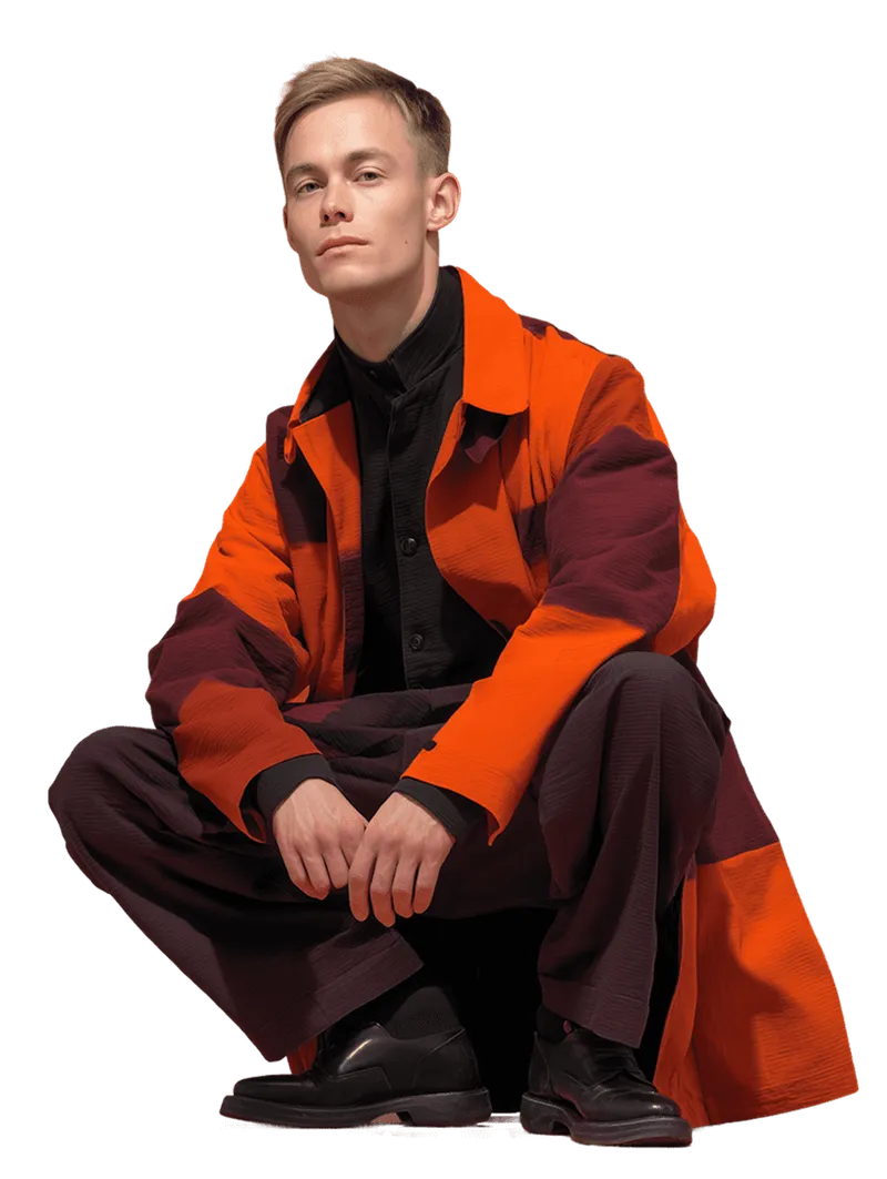 Model wearing a bold orange and brown colour-blocked jacket